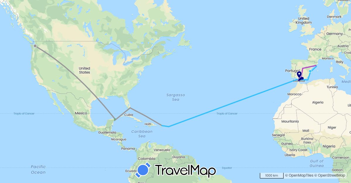 TravelMap itinerary: driving, bus, plane, train, boat in Spain, Gibraltar, Mexico, Netherlands, United States (Europe, North America)
